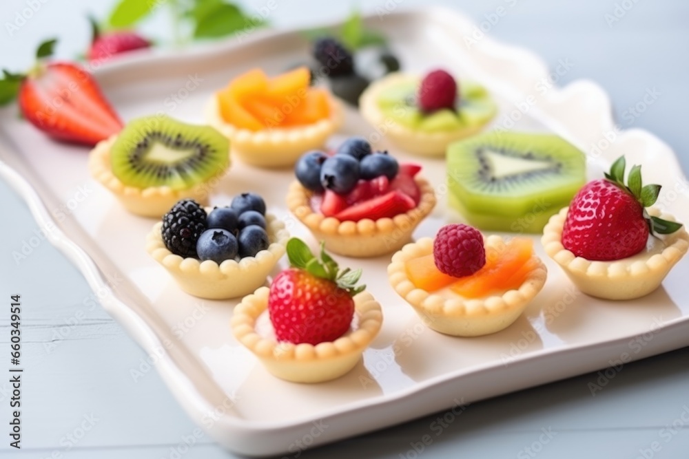 mini fruit tarts arranged on a pastel pink tray mini fruit tarts arranged on a pastel pink tray