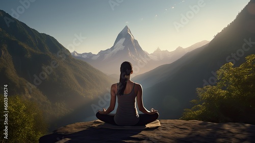 A yoga practicioner in a tranquil mountains ultra realistic illustration - Generative AI. photo