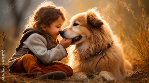 child with dog friendship and love. Generative AI.