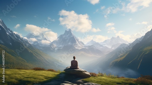 A yoga practicioner in a tranquil mountains ultra realistic illustration - Generative AI.
