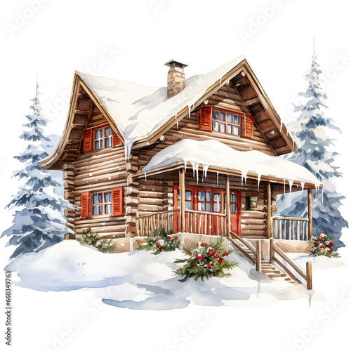 Winter Forest Cabin For Christmas Event. Watercolor Style. AI Generated