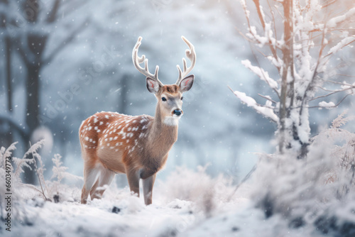 A softly blurred winter wildlife scene with a majestic deer in a snowy forest background. Generative AI