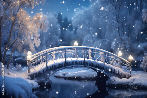 Snowy bridge spanning a frozen river, with bokeh lights in the foreground, a magical and wintry Christmas Background. Generative AI