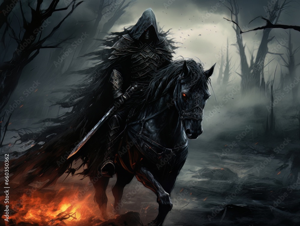 Black horseman of the apocalypse with sword riding black horse AI Black horseman of the apocalypse with sword riding black horse AI