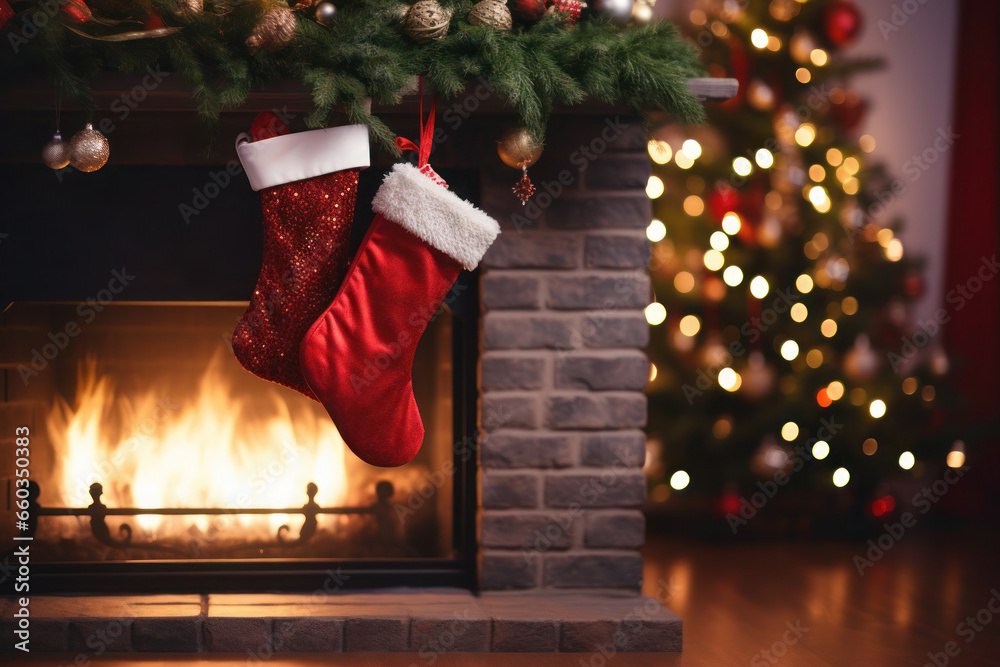 A mockup of the empty Christmas stocking hanging by the fireplace, adorned with greenery and twinkling lights for Christmas. Generative AI - obrazy, fototapety, plakaty 