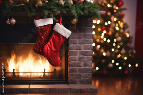A mockup of the empty Christmas stocking hanging by the fireplace, adorned with greenery and twinkling lights for Christmas. Generative AI