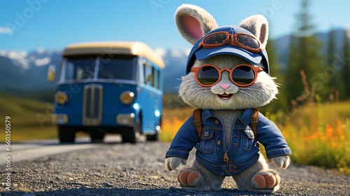 Cartoon bunny wearing denim overalls and big rig peterbuilt bus driver hat in background, rubber bunny shades, cute, colorful photo