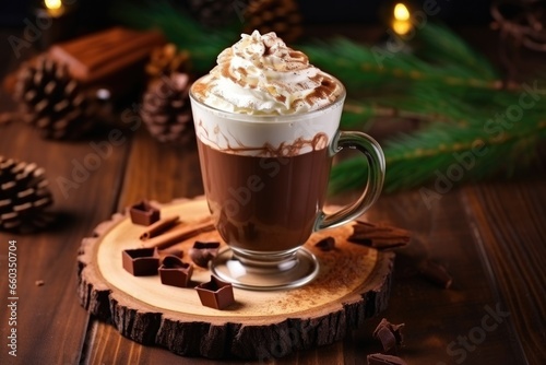 view of hot chocolate with whipped cream on a wooden table