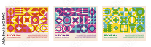 Trendy poster collection with riso print effect. Abstract geometric shapes pattern risograph style with grain texture.