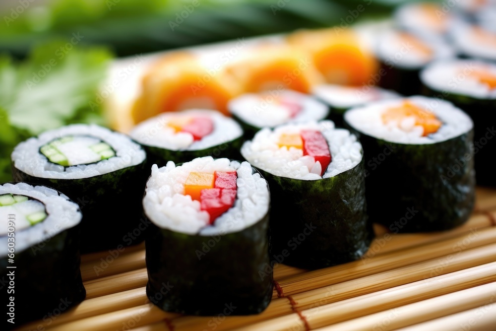 close-up of sushi rolls on a bamboo mat close-up of sushi rolls on a bamboo mat