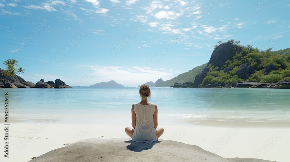 A yoga practicioner on a remote island ultra realistic illustration - Generative AI. A yoga practicioner on a remote island ultra realistic illustration - Generative AI.