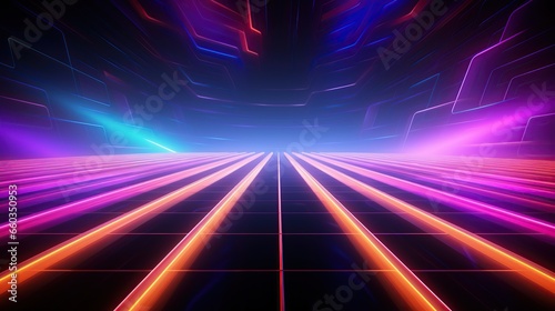 Neon Blue pink violet stage lighting illuminated, lens flare effect, shining star rays.AI generated