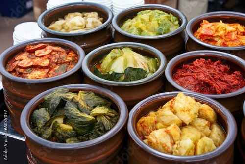 wide-angle shot of a variety of colorful kimchi in pots