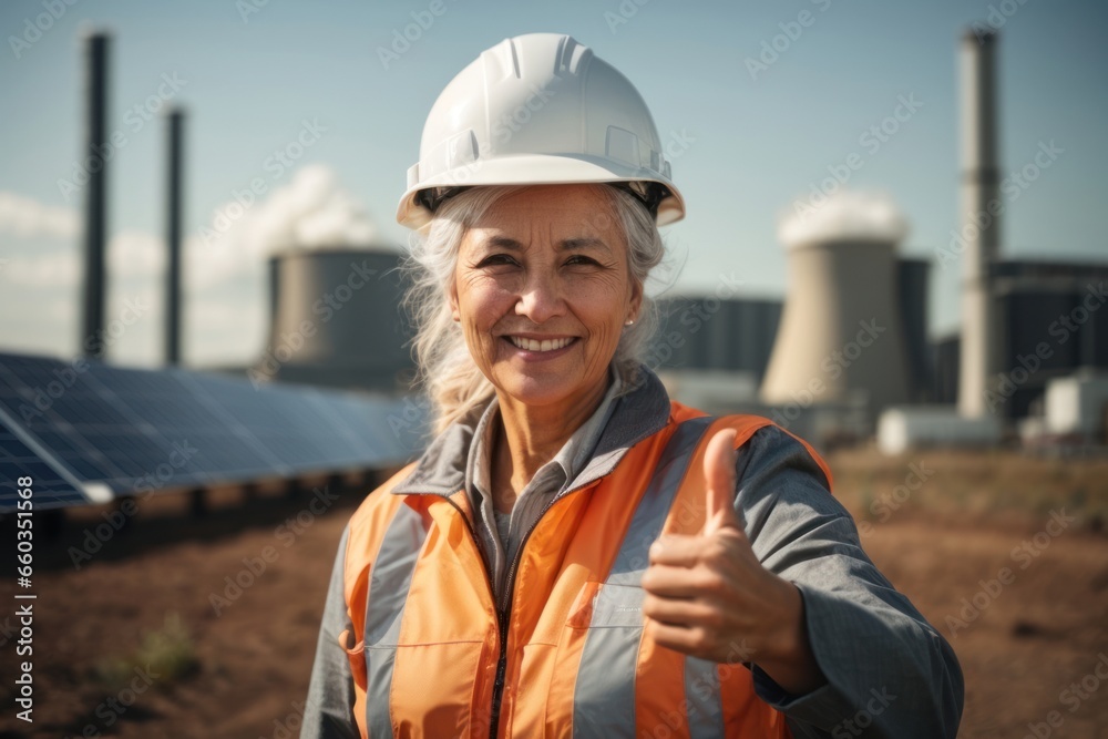 a senior female Engineering showing trump up and smiling on solar panels side work.AI generated a senior female Engineering showing trump up and smiling on solar panels side work.AI generated