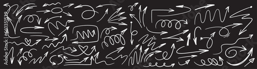 Charcoal hand drawn pencil arrows, scribbles and circle boxes. Doodle curved chalk darts. Texture design elements of scribble lines. Vector illustration of hand painted crayon check lines