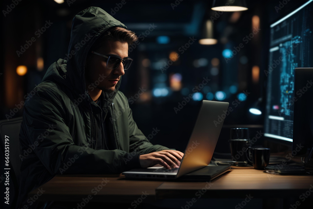 Hacker working on laptop at night in dark office. Young man wearing hoodie and glasses using computer. Hacker working on laptop at night in dark office. Young man wearing hoodie and glasses using computer.