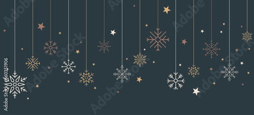 Bannière - Flocons de neige suspendus - Fond sombre - Éléments vectoriels éditables pour les fêtes de fin d'année - Fêtes de Noël ou du jour de l'an - Éléments festifs décoratifs - Guirlandes