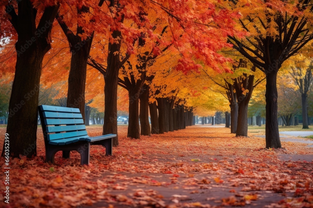 Naklejka premium wooden park bench nestled between colorful autumn trees