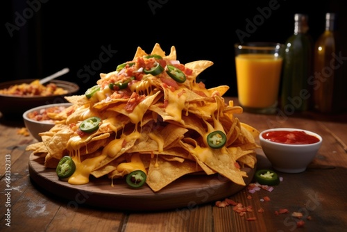 pile of nachos covered with melted cheese on a wooden table