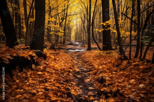 leaf-strewn trail in a dense autumn forest