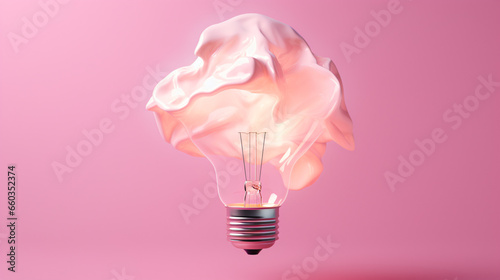 Floating crumpled paper light bulb on pink background