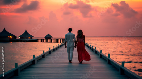 Lovers in the Maldives couple. Generative AI. photo