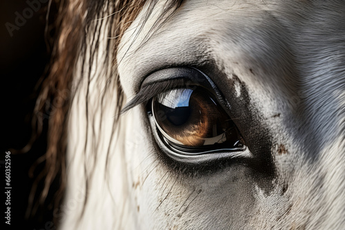 Deatail of white and black horse eyes photo