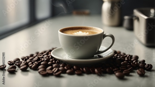 Cup of aromatic milk with coffe grains. Espresso breakfast restaurant background