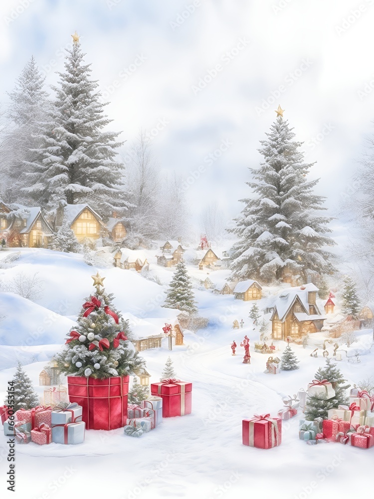 Obraz premium Christmas tree with gifts and decorations. Watercolor illustration