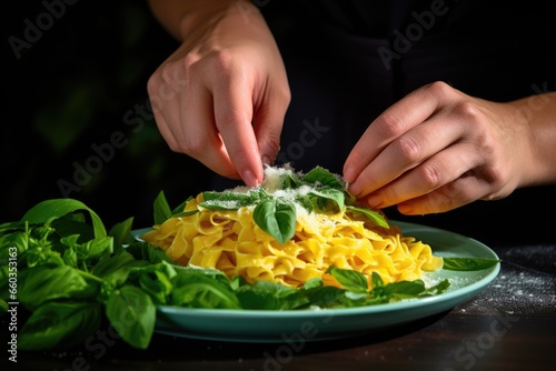 hand garnishing pasta with fresh basil leaves