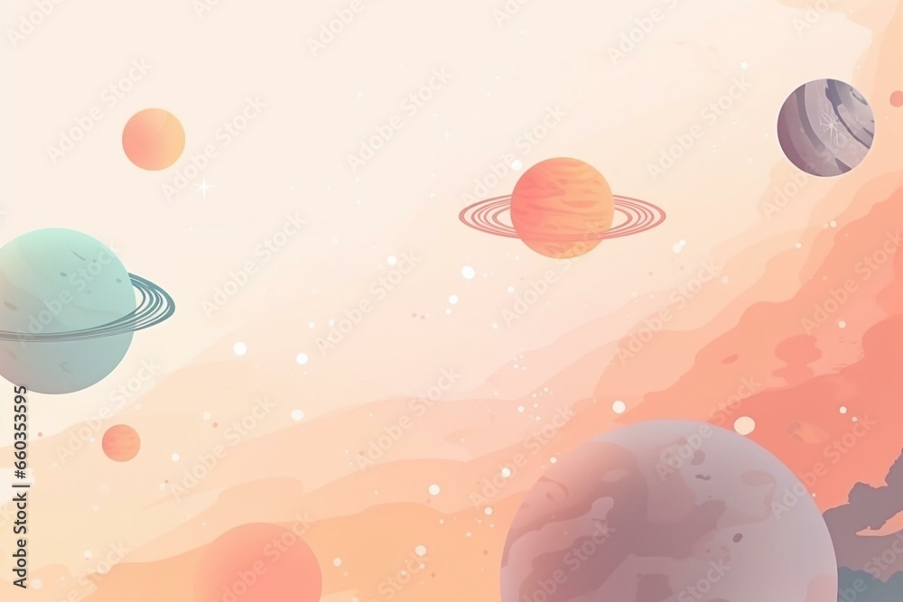 Illustrated pastel space concept with planets, soft colors on white background, universe, and galaxy. Generative AI
