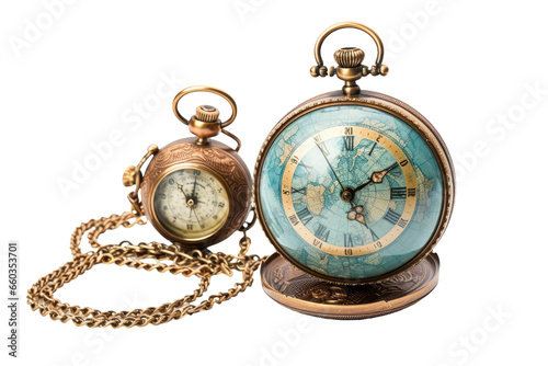 Antique Clock and Vintage Globe Pairing on isolated background