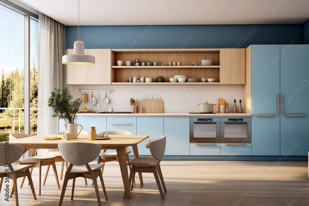 Modern cozy kitchen interior design with blue, beige colors and wooden texture