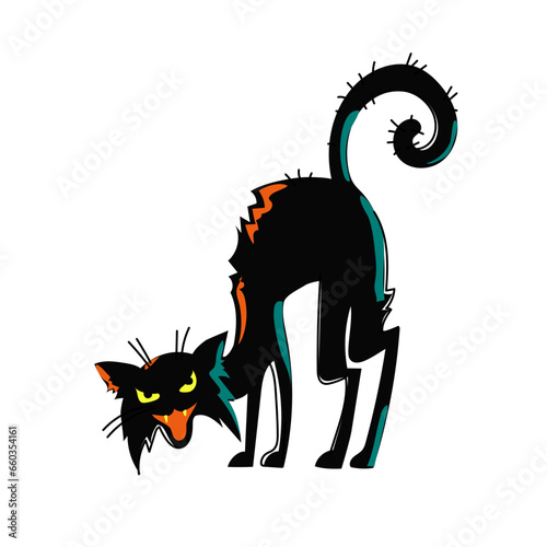 Halloween black cat isolated. Aggressive evil animal with an upward curved back, open mouth and fangs. Angry cat hissing. Hand drawn. Vector illustration.