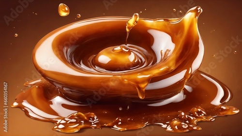 Sweet melted caramel, liquid caramel sauce splash with toffee candies, Generated with AI