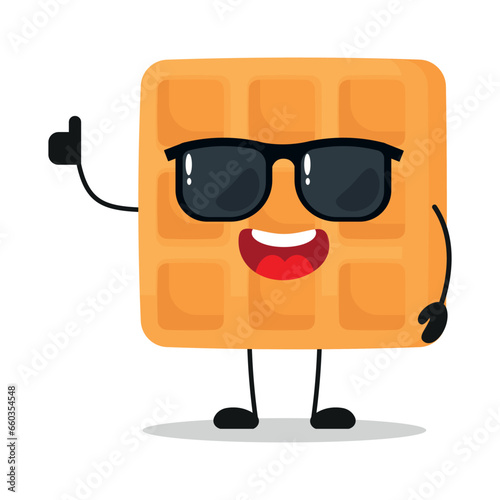 Cute happy waffle cartoon wear sunglasses. Funny food greet friend cartoon emoticon in flat style. closet vector illustration