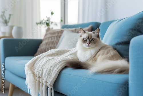 White fluffy cat on the sofa. Modern cozy living room interior design with blue, white and beige colors