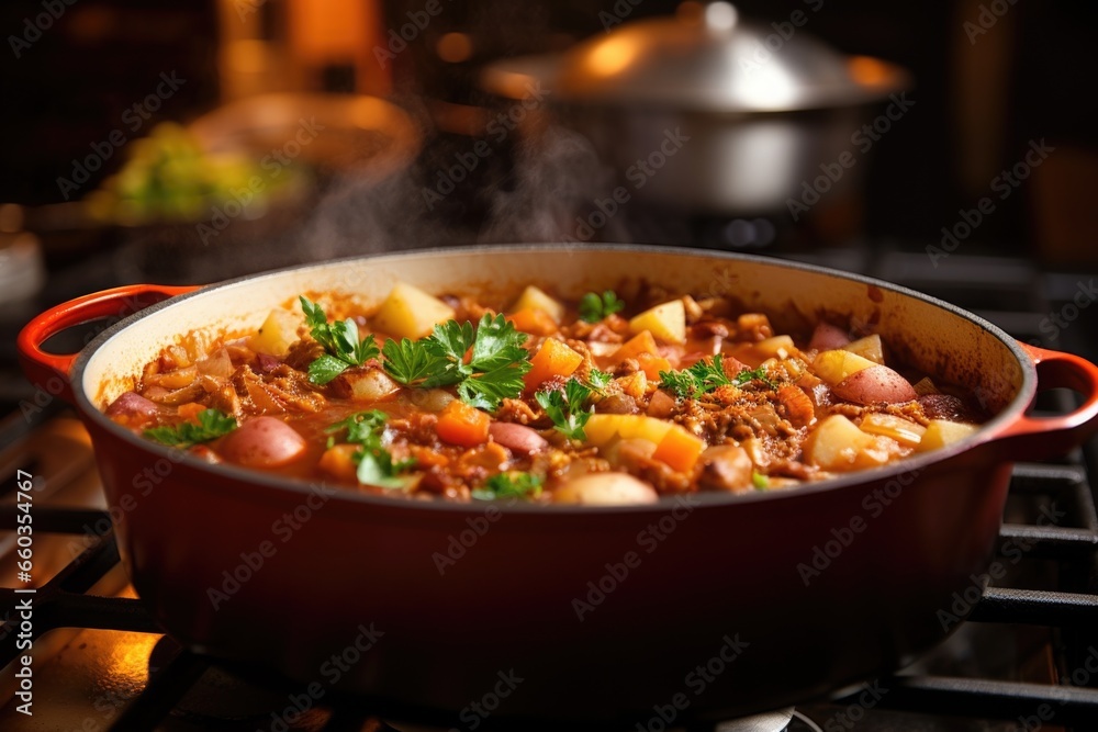 a pot of stew simmering on the stove