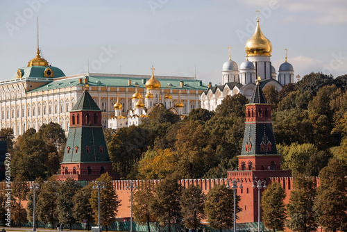 MOSCOW, RUSSIA - SEPTEMBER 26, 2023: View of Moscow on an autumn evening at sunset. Kremlin towers. The Grand Kremlin Palace, the Assumption and Annunciation Cathedrals. A popular tourist attraction.