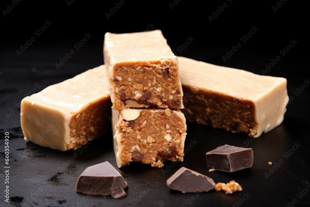whole and halved peanut butter protein bars on black surface