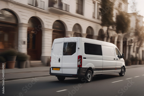 Side view of a commercial van standing driving through the city. Van run fast on city highway to deliver the goods. Product delivery and logistics.