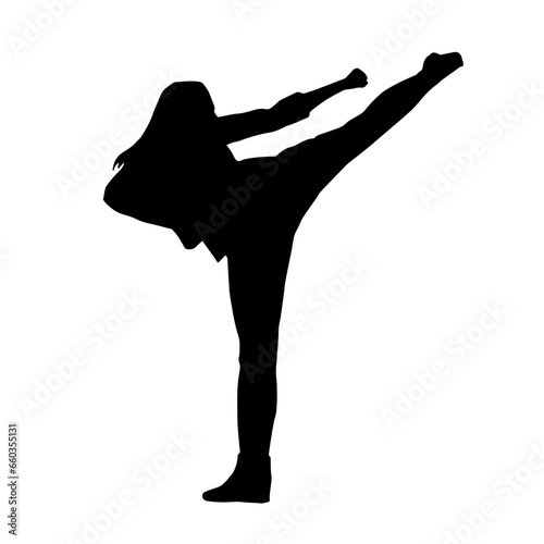 Silhouette of a woman kicking pose. Silhouette of a female martial art in action pose.