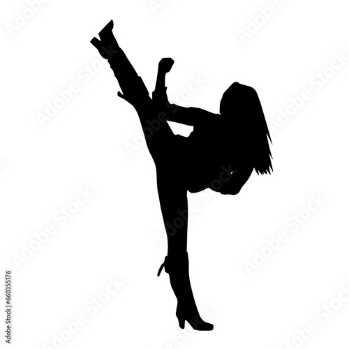 Silhouette of a woman kicking pose. Silhouette of a female martial art in action pose.