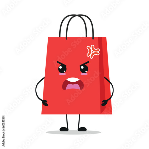 Cute angry shopping bag character. Funny mad paper bag cartoon emoticon in flat style. closet vector illustration