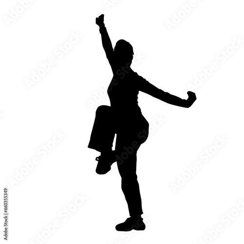 Silhouette of a female martial art person in action pose. Silhouette of a woman fighter in martial art pose.