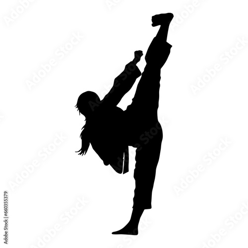 Silhouette of a woman kicking pose. Silhouette of a female martial art in action pose.