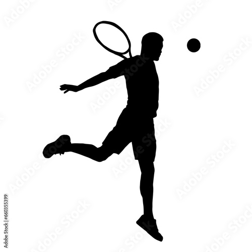 Silhouette of a male tennis player in action pose. Silhouette of a man playing tennis sport with racket.