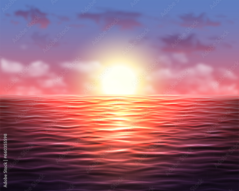 Beautiful sunset on the sea with waves and sun on the sky realistic vector background, nature landscape illustration