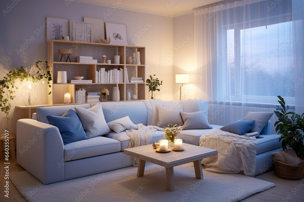 Modern living room with beige, white and blue colors. Minimalistic cozy design with sofa Modern living room with beige, white and blue colors. Minimalistic cozy design with sofa