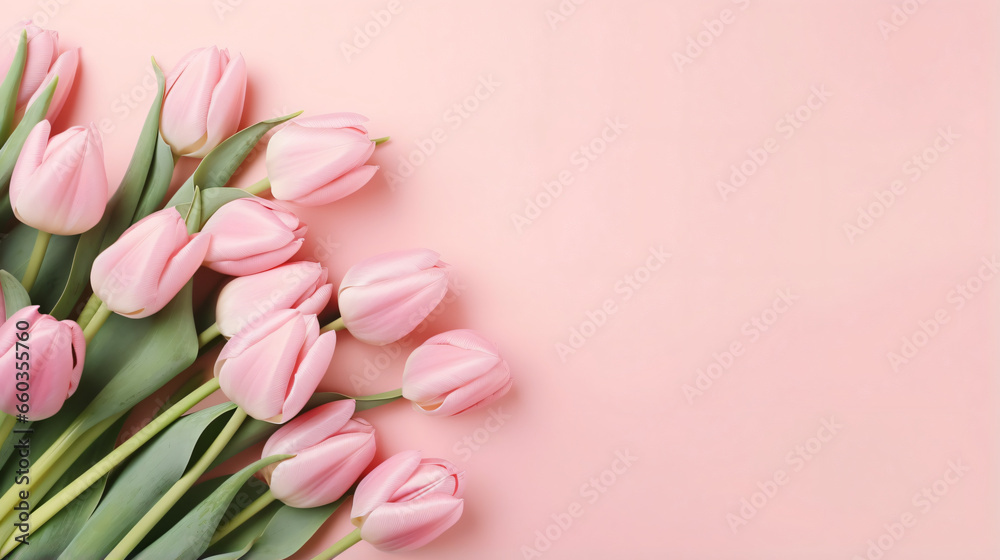 Flowers composition romantic. Flowers pink tulips on pink background